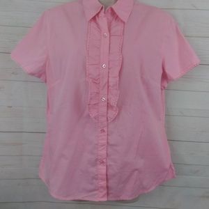 1411 Pastel Pink Ruffle Shirt Button Up Short Sleeve LG